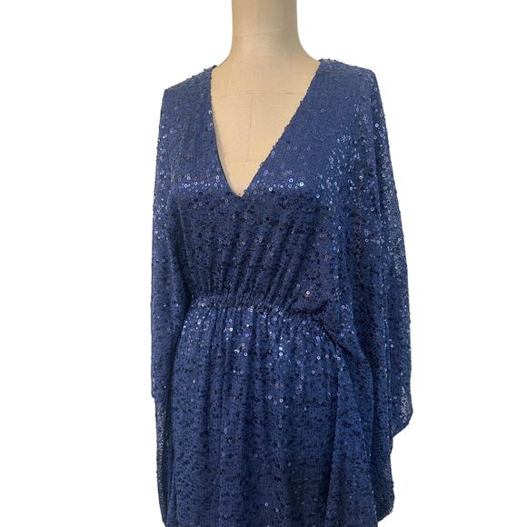 Halston Mini Dress Navy Blue Catalina Sequin V Neck Caftan Cocktail $425 - Picture 8 of 8